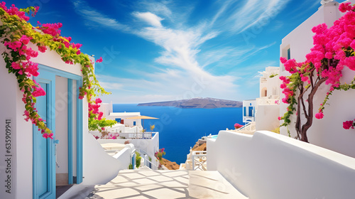 Embrace the allure of Mediterranean architecture with this enchanting image. A cluster of whitewashed houses adorned with colorful flowers overlooks a tranquil bay. The gentle sea breeze and the sound