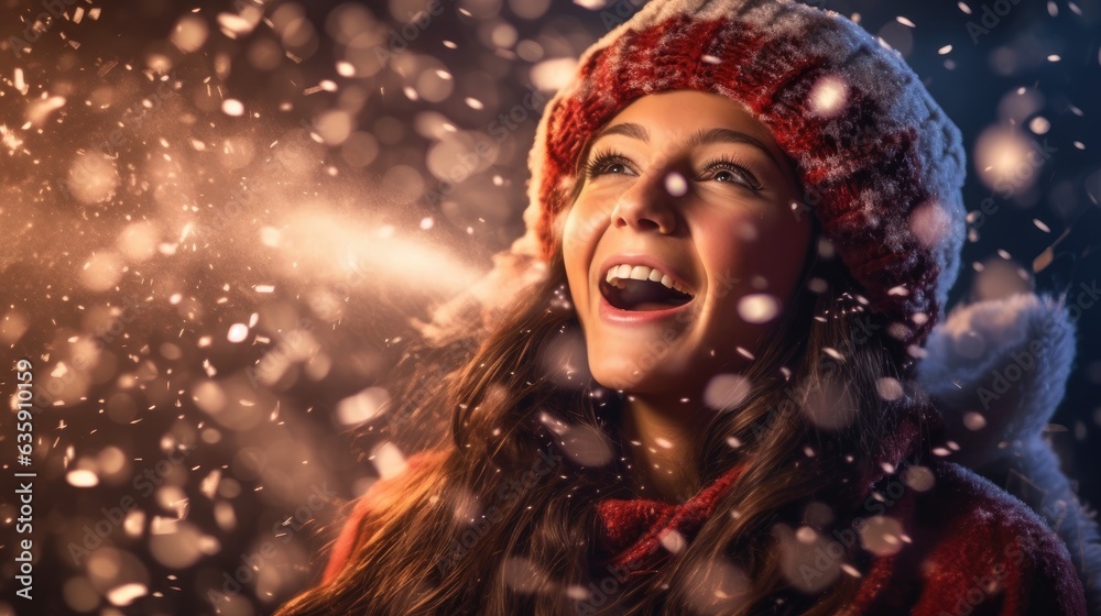 Young girl walking through the snow on New Year's Eve