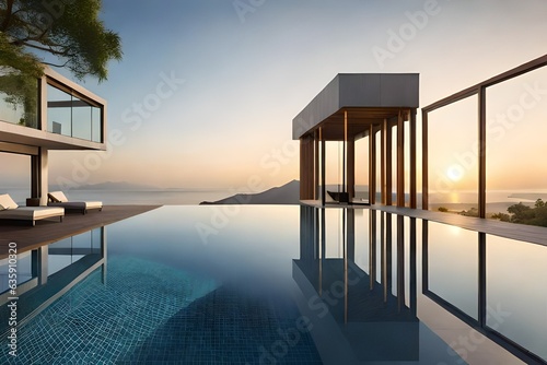 swimming pool at sunset generated by ai © Zohair