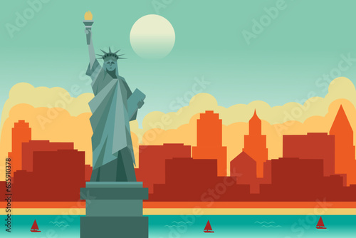 Illustration of New York City with vector landscape of buildings and the Statue of Liberty