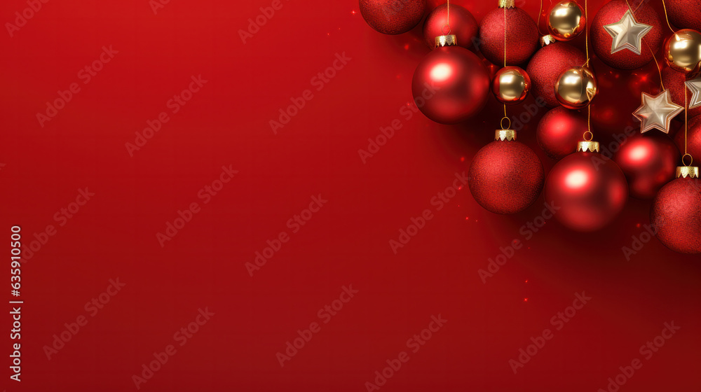 Christmas composition. Christmas red decorations, toys on red background. Flat lay, top view, copy space Christmas composition. Christmas red decorations, toys on red background. Flat lay, top view, copy space
