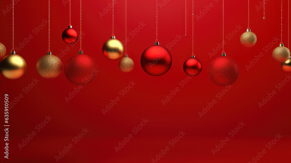 Christmas composition. Christmas red decorations, toys on red background. Flat lay, top view, copy space Christmas composition. Christmas red decorations, toys on red background. Flat lay, top view, copy space