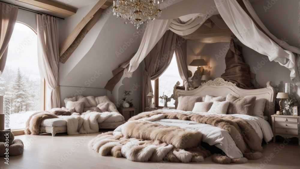Comfortable bedroom with large bed with blankets and fur