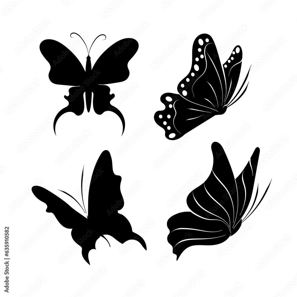 A set of butterflies. Black silhouette on a white background. Vector A set of butterflies. Black silhouette on a white background. Vector