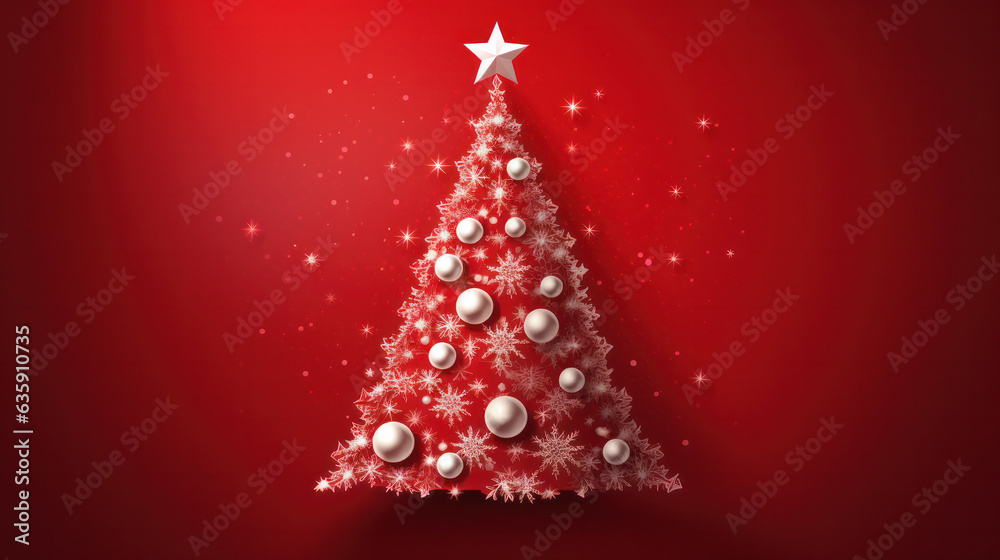 Christmas red background with Christmas tree. Flat lay, top view, copy space Christmas red background with Christmas tree. Flat lay, top view, copy space