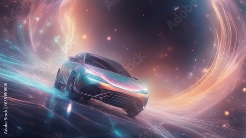 An abstract art concept, the car is woven from the energy of atoms and protons, energy conservation and universes spread as threads throughout the space