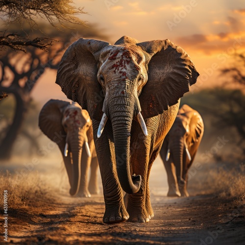 Elephants in Africa. Big animal in the old forest, evening light, sun set. Magic wildlife scene in nature. African elephant in beautiful habitat. Art view in nature. © Tjeerd