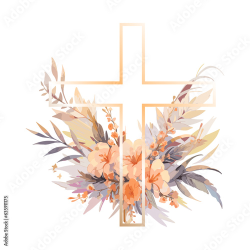 Watercolour flower cross. Graphic Easter Cross Clipart, Spring Floral Arrangements, Baptism Crosses DIY Invitation. Vector illustration EPS10