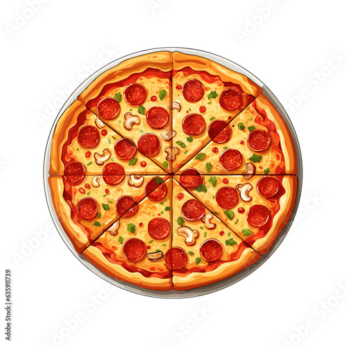 Hand Draw Pizza with various ingredients in cartoon style. Whole and chopped pizza icon. Vector illustration EPS10