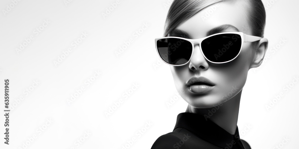 Black and white close-up beauty portrait of a young woman wearing sunglasses on a white background Black and white close-up beauty portrait of a young woman wearing sunglasses on a white background