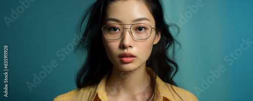Close-up beauty portrait of a young asian woman wearing glasses on a blue background