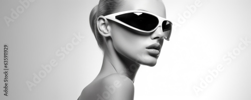 Close-up beauty portrait of a young woman wearing futuristic sunglasses on a white background