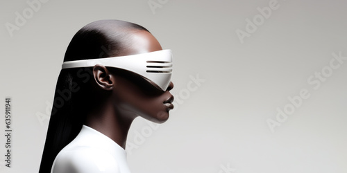 Close-up beauty portrait of a young African American woman wearing futuristic sunglasses on a white background