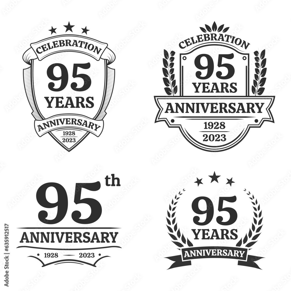 95 years anniversary icon or logo set. Vintage birthday banner design. 95th anniversary jubilee celebration badge or label collection. Vector illustration.
