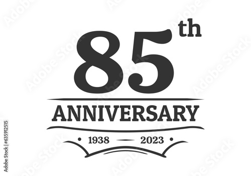 85 years anniversary logo, icon or label. 85th jubilee, birthday celebration vintage design template. Wedding, invitation card element. Vector illustration.