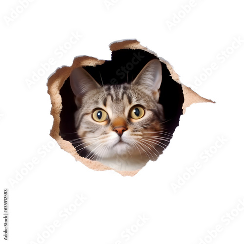 Cute cat peeking out of a hole in wall. Pet shop banner