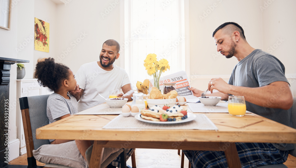 Gay couple, morning breakfast and happy family child bonding with queer dad, bisexual papa or non binary parents. LGBTQ, adoption or homosexual father smile for hungry child, girl or daughter at home