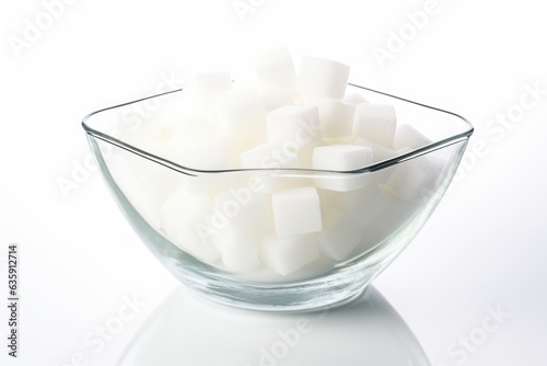 Extra big sugar cubes in glass bowl isolated on a simple background generative ai