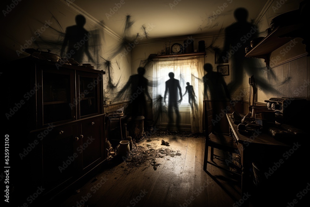 Nightmarish swarm of shadowy figures lurking in the room, Shadow of a ghost in halloween. Generative AI