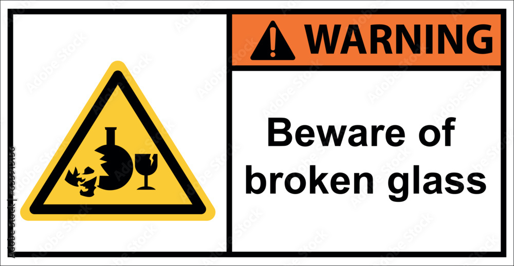 Obraz premium Beware of broken glass. Glass shards dump area. Sign warning.