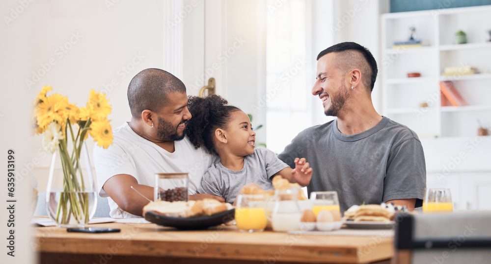 Happy, gay men and family at breakfast together in the dining room of their modern house. Smile, bonding and girl child eating a healthy meal for lunch or brunch with her lgbtq dads at home.