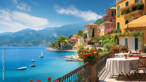 Step into a postcard-perfect scene of Mediterranean houses with this captivating image. Overlooking a tranquil bay, these picturesque homes boast terraces with sweeping sea views. Vibrant awnings and photo