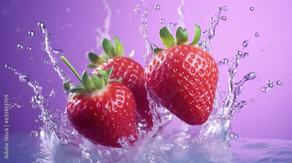 two strawberries splashing into the water on a purple background. generative ai two strawberries splashing into the water on a purple background. generative ai