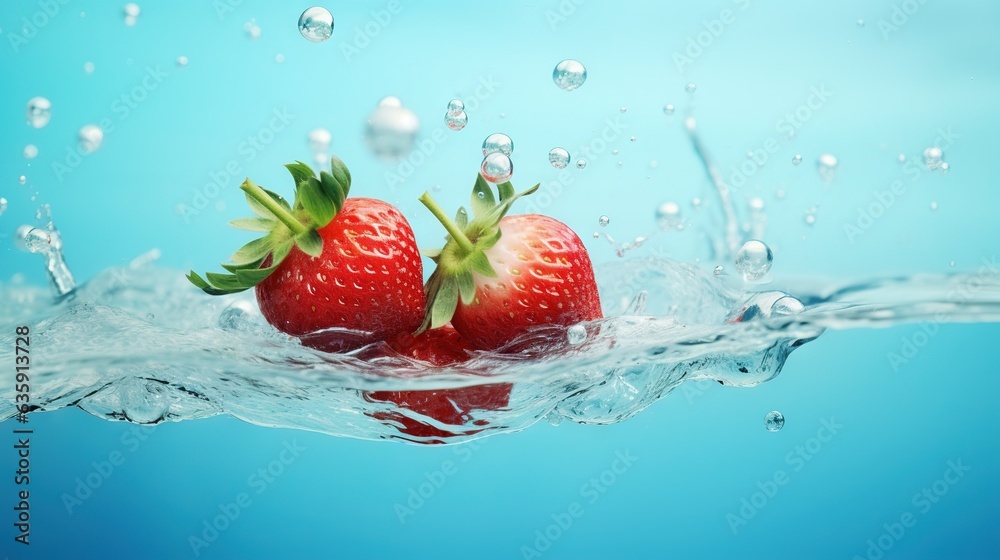 two strawberries floating in water on a blue background with bubbles. generative ai two strawberries floating in water on a blue background with bubbles. generative ai