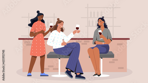 Women at bar concept. Young girls with glasses of wine, alcoholic drinks and beverages. Rest and relax indoor, event and party. Alcohol bar or pub visitors drinking. Cartoon flat vector illustration