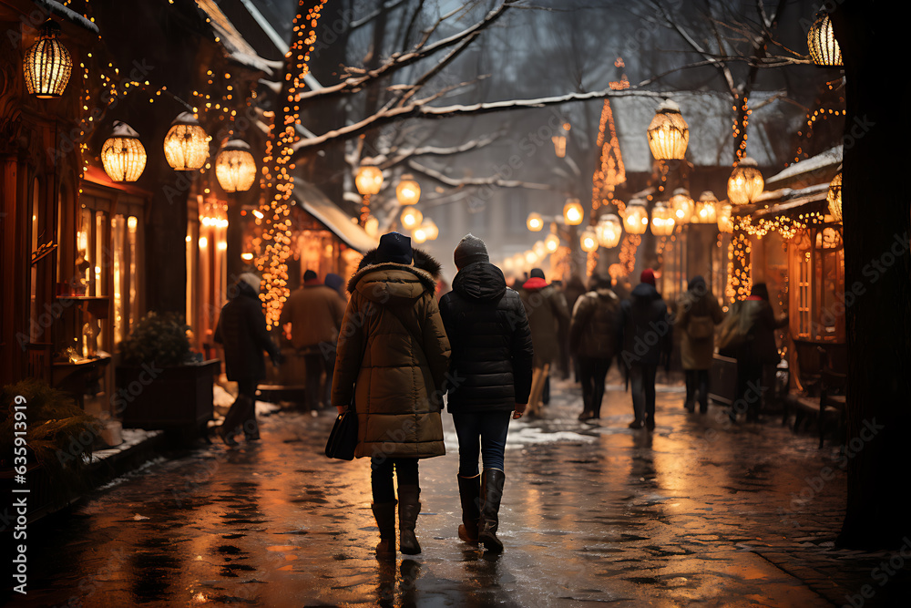 people in winter clothes walking along christmas market with golden lights