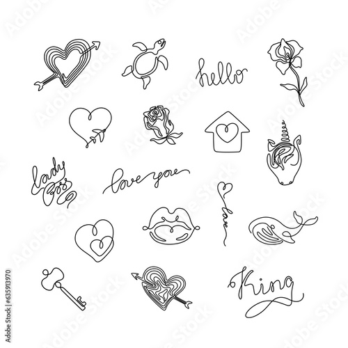 Small flash tattoo set, continuous line drawing, sticker design pack, tiny icons, abstract print for clothes and logo, emblem, nail design, isolated vector illustration.