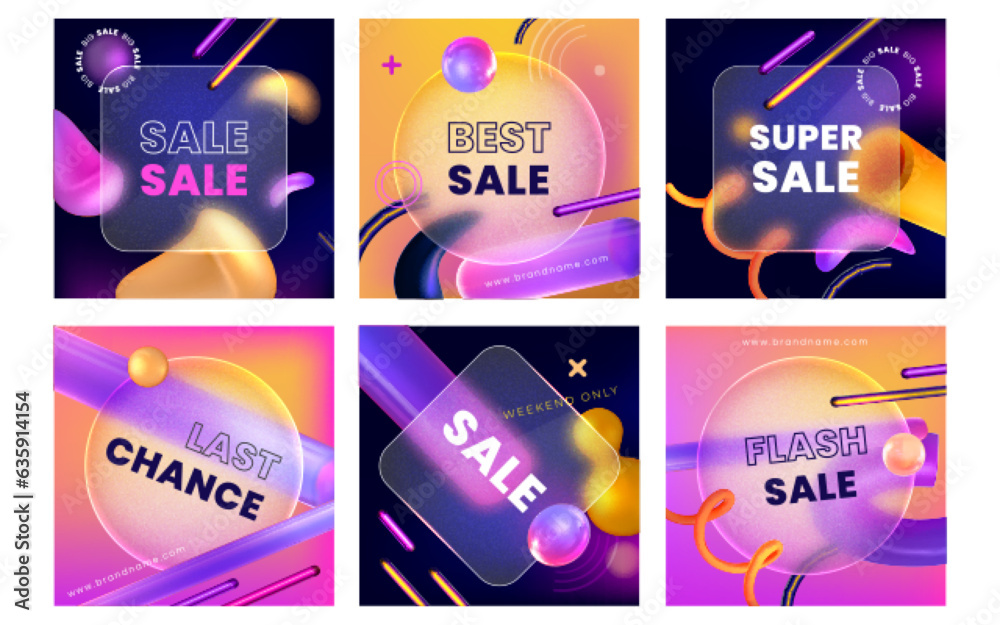 Sale social network story template in glass morphism style. Transparent banners with purple abstract geometric shapes on background. Glassmorphism advertising. 3d creative design brochure templates.