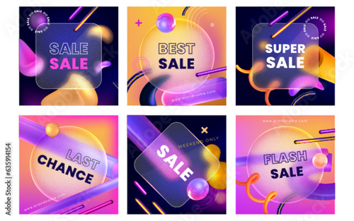 Sale social network story template in glass morphism style. Transparent banners with purple abstract geometric shapes on background. Glassmorphism advertising. 3d creative design brochure templates.