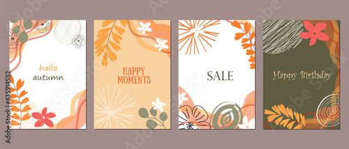 A set of postcards. Birthday card. Discount, sale. Hello autumn. Save the date. Invitation. Flowers and leaves are hand drawn