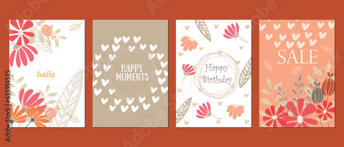 A set of postcards. Birthday card. Discount  sale. Hello autumn. Save the date. Invitation. Flowers and leaves are hand drawn