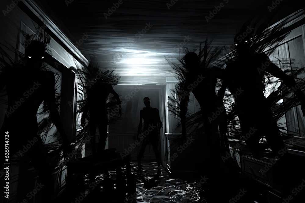 Nightmarish swarm of shadowy figures lurking in the room, Shadow of a ghost in halloween. Generative AI