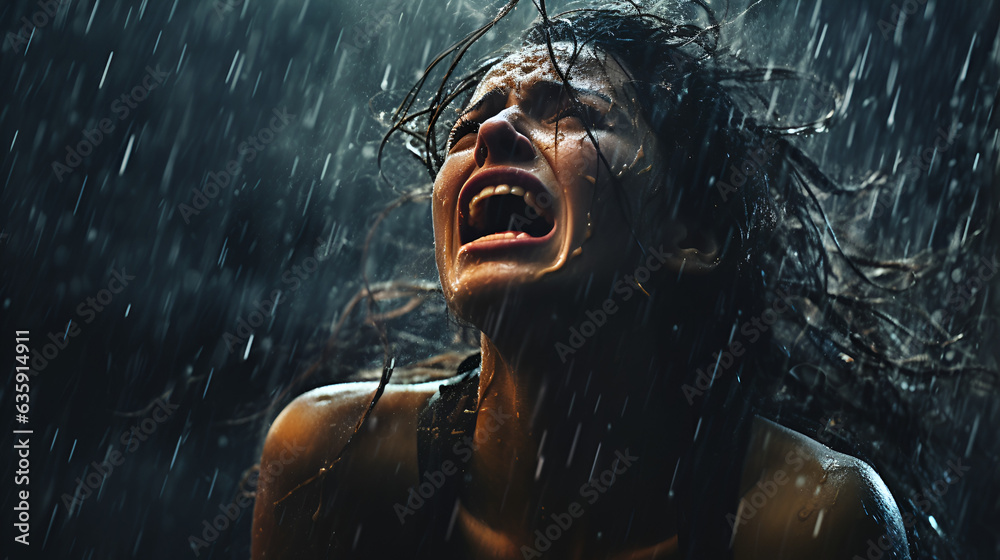A woman having emotional discharge moment in heavy rain. Filled with Anguish, agony, pain, hopelessness, mental breakdown - obrazy, fototapety, plakaty 