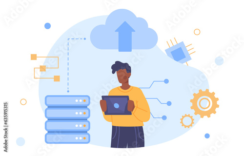 Man with cloud storage concept. Young guy with electronic tablet near electronic archive of information and data. Cloud service and corporate server. Cartoon flat vector illustration