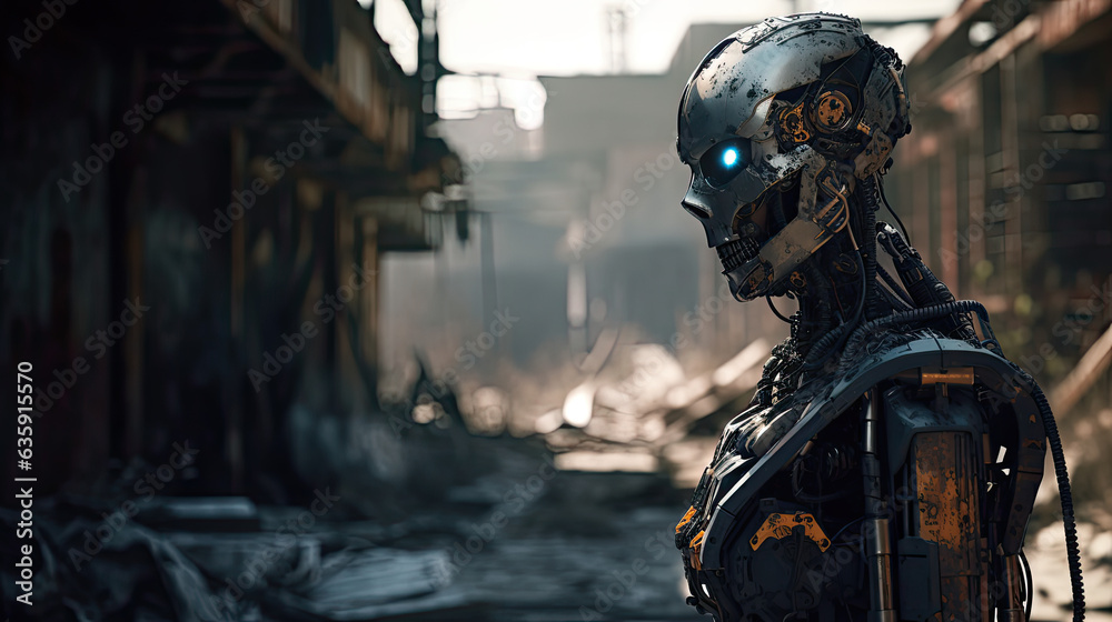 Cybernetic Soldier in Post-Industrial Wasteland