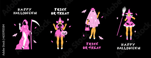 A set of Halloween postcards in pink costumes. Pink girl party. Barbicore, layout, template, banner