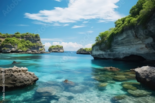 Tropical Beautiful beach with rocks and turquoise sea in Bali