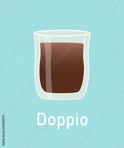 Doppio sticker concept. Tea or coffee. Cafe, restaurant menu. Aroma and beverage. Sticker for social networks and messengers. Cartoon flat vector illustration isolated on blue background