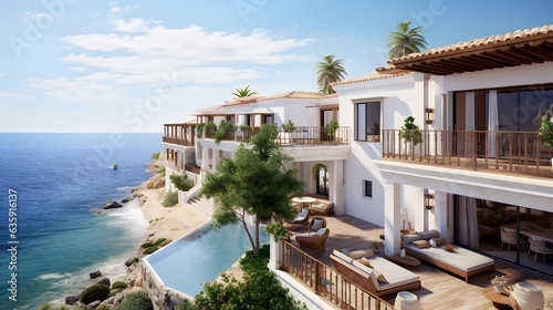 Dive into the Mediterranean's coastal paradise with this awe-inspiring image of charming houses. Overlooking pristine beaches, these homes feature stone facades and wooden pergolas that offer shade an