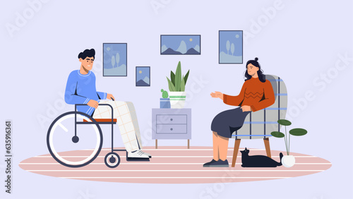 Disabled man with woman concept. Young guy at wheelchair near girl at armchair. Comfort and coziness in apartment. Friends chatting in room. Cartoon flat vector illustration