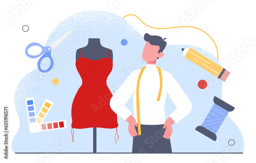 Fashion designer with red dress concept. Man near mannequin and scissors with threads. Fashion, trend and style. Atelier and seamstress with needlework. Cartoon flat vector illustration