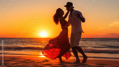 Couple dancing salsa bachata kizomba on the beach at sunset  AI image
