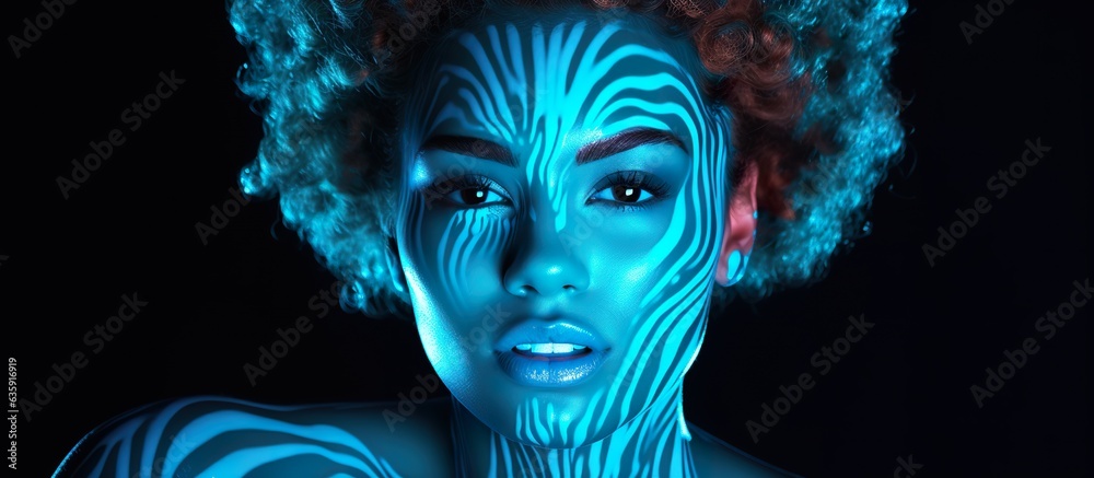 creative female portrait, bright blue painted face, artistic stylish makeup with cyan light, generative AI