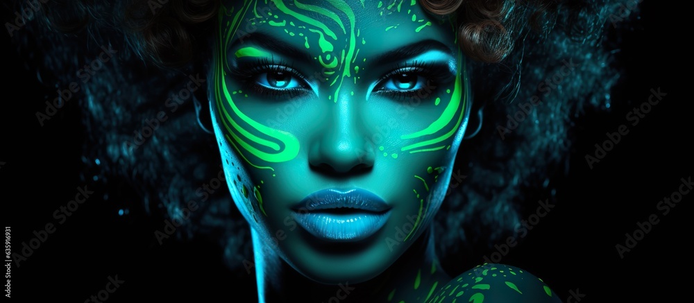 creative female portrait, bright blue painted face, artistic stylish makeup with cyan light, generative AI creative female portrait, bright blue painted face, artistic stylish makeup with cyan light, generative AI