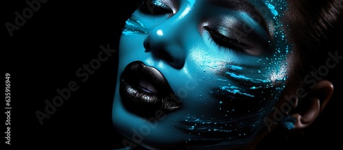 creative female portrait  bright blue painted face  artistic stylish makeup with cyan light  generative AI