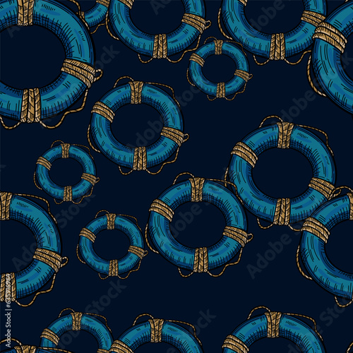 Vintage lifebuoy with rope sketch seamless pattern. Hand drawn life ring in engraving style wallpaper.